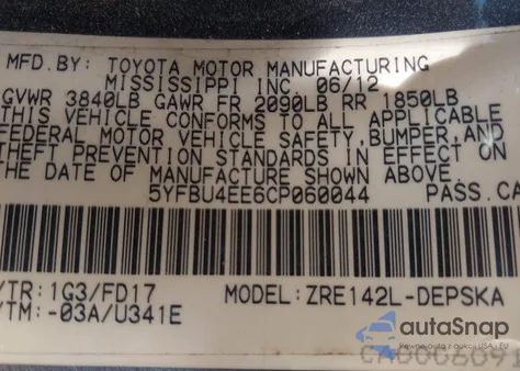 2012 Toyota Corolla S from USA, damaged, VIN 5YFBU4EE6CP060044